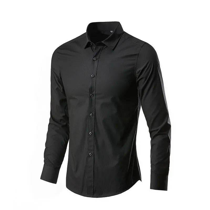 Long-sleeve linen shirt in various colours including black, brown, and navy blue, with loose fit and sizes up to 5XL