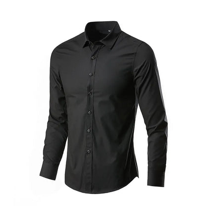 Long-sleeve linen shirt in various colours including black, brown, and navy blue, with loose fit and sizes up to 5XL