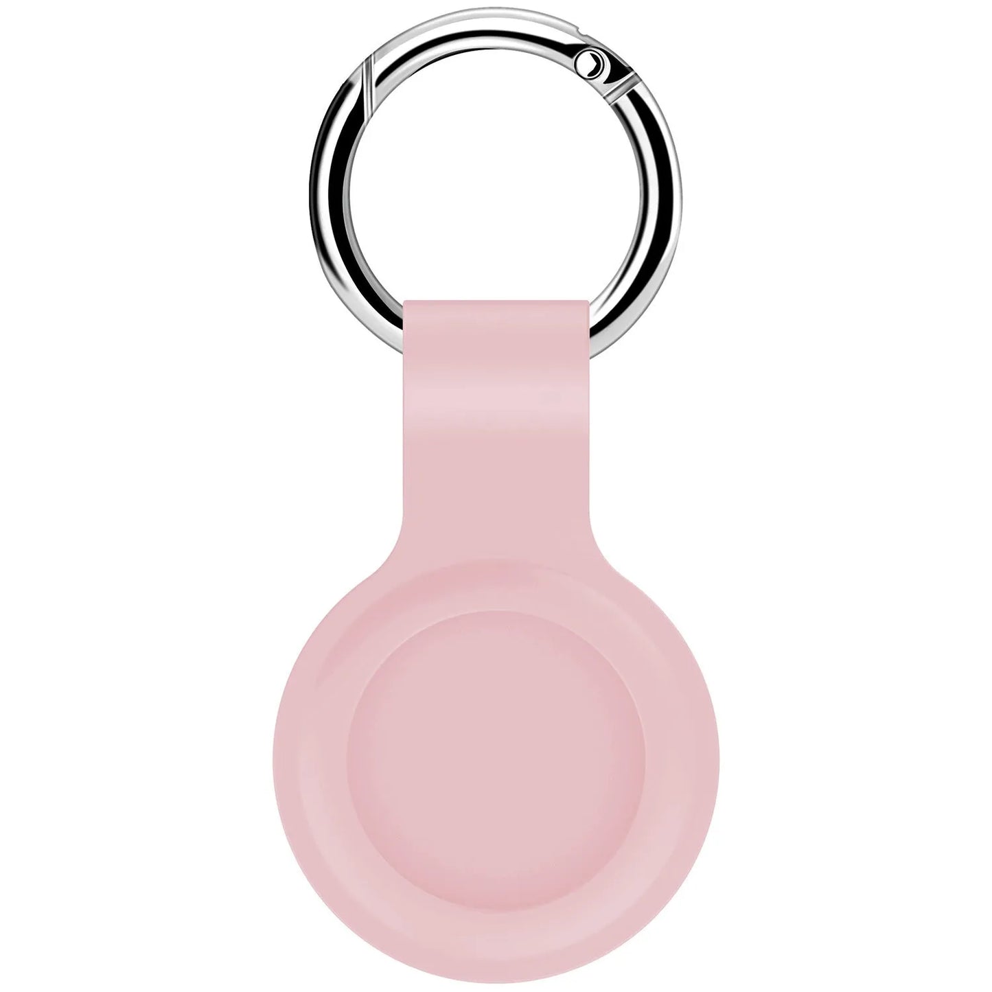 Black waterproof silicone Airtag protective case with metal keychain clip, shown next to colour options.