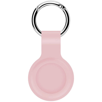 Black waterproof silicone Airtag protective case with metal keychain clip, shown next to colour options.