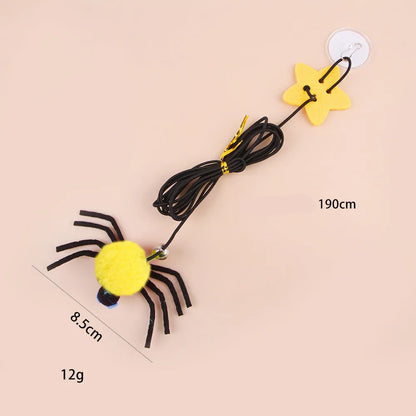 Cat toy hanging from door with elastic rope, colourful feather, bell and soft spider decoration