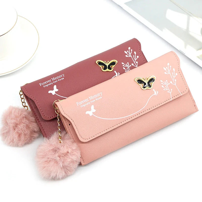 Ladies Long Hair Ball Bow PU Leather Purse in various colors with magnetic buckle