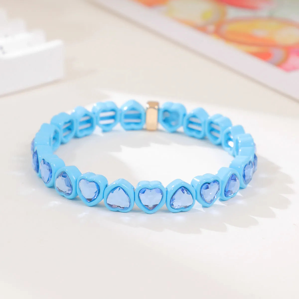 Rainbow enamel heart-shaped stretch bracelet in alloy with diamond process surface