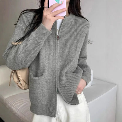Long-sleeve viscose fibre sweater coat in beige, grey, black, or khaki, showing cardigan style and size options