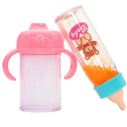 Doll feeding bottle accessory in pony pink and bear blue colour combinations for 14-18 inch dolls