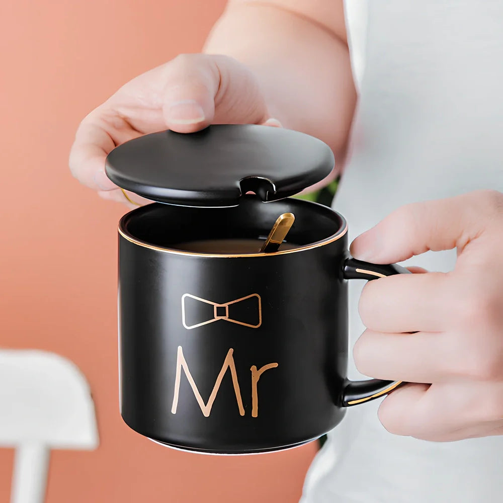 White ceramic mug with matte glaze and high-temperature decal design, matching lid, 450ml capacity