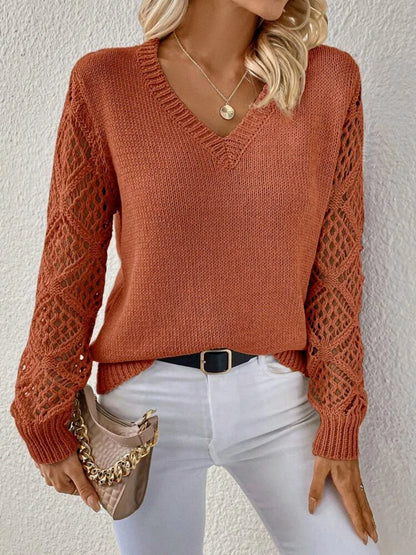 Stylish polyester fiber V-neck pullover sweater with unique hollow sleeve design, available in multiple vibrant colors