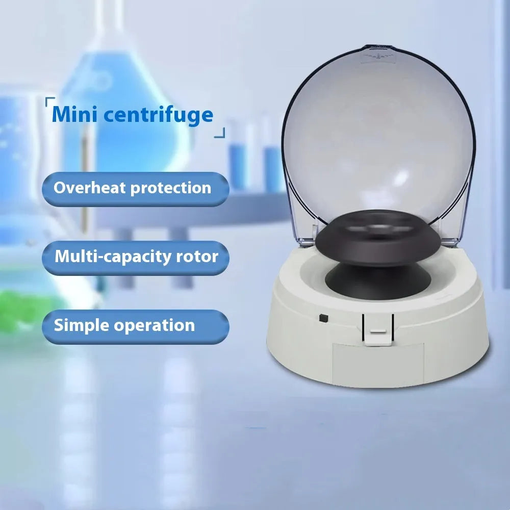 Mini laboratory centrifuge with compact 157x170x120mm dimensions and 7000 RPM speed for sample separation