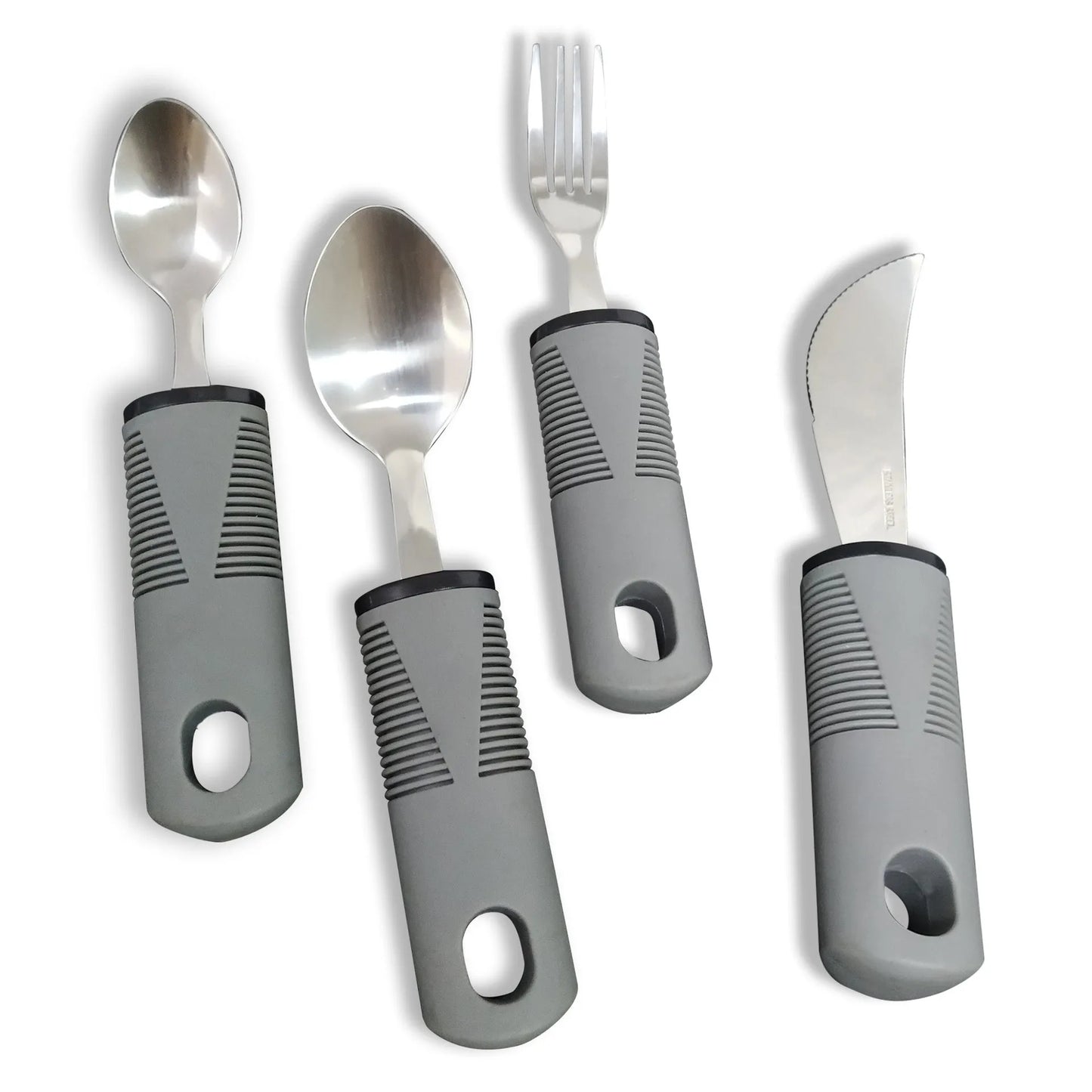 Stainless steel adaptive eating utensils with rubber handles and bendable components for elderly anti-shake support