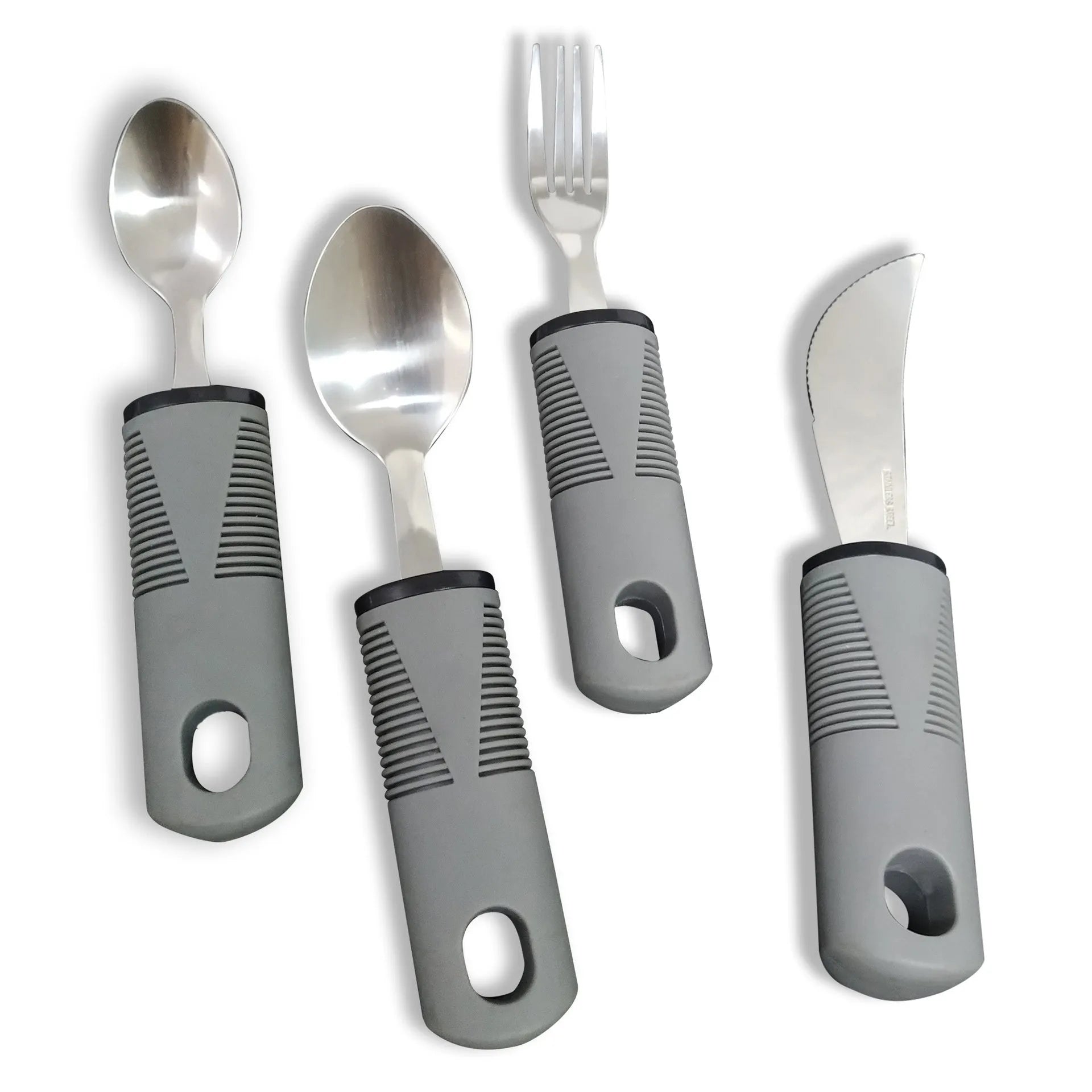 Stainless steel adaptive eating utensils with rubber handles and bendable components for elderly anti-shake support