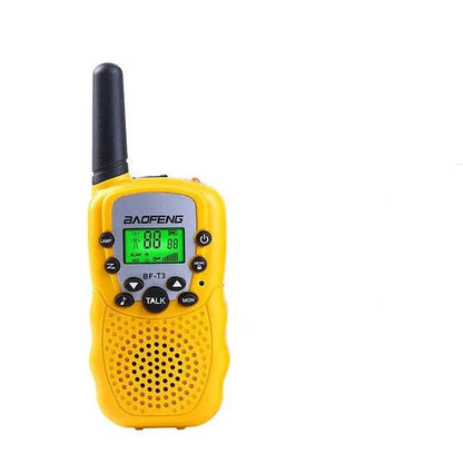 Two children's handheld walkie talkies in bright colours showing channel selector and antenna.