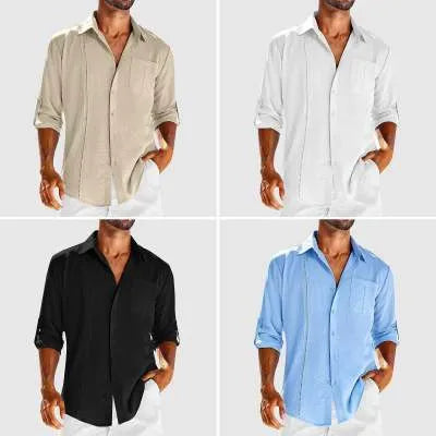 Men's casual long sleeve cotton blend shirt with polo collar, chest pocket, and lace trim detail in solid colours