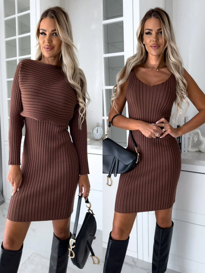 A stylish two-piece outfit featuring a long-sleeved striped top and a flattering suspender skirt in various colors