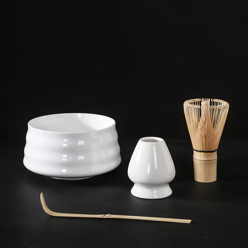 Japanese Matcha Tea Set with ceramic bowl and brush in clear glaze