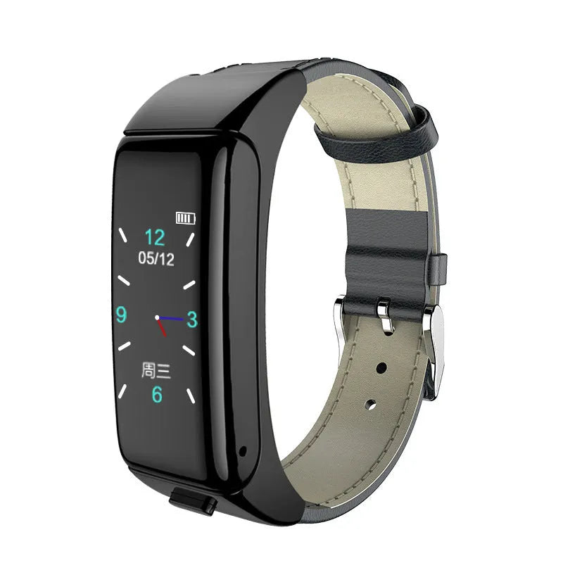Two-in-one Bluetooth headset smart watch with zinc alloy backing, black leather strap, and magnetic charging cable.