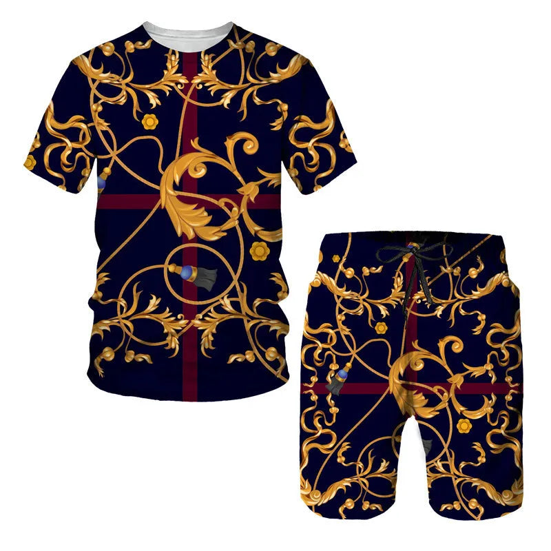 Chain pattern digital printed short sleeve T-shirt and shorts matching suit set for summer.