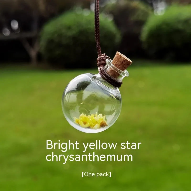 Glass fire extinguisher-shaped car perfume pendant with preserved flowers inside