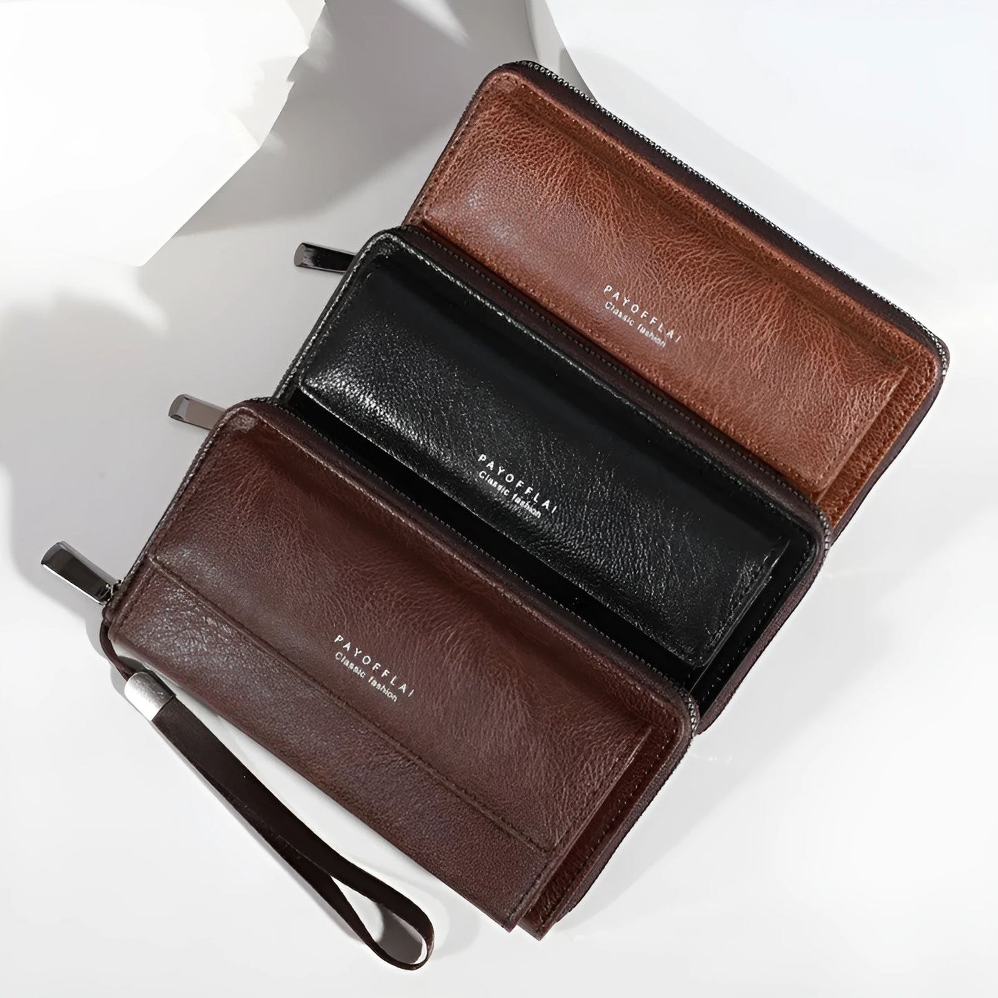 Men's black PU long-fold wallet with multiple card slots, shown open.