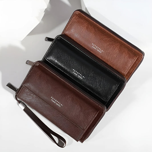 Men's black PU long-fold wallet with multiple card slots, shown open.