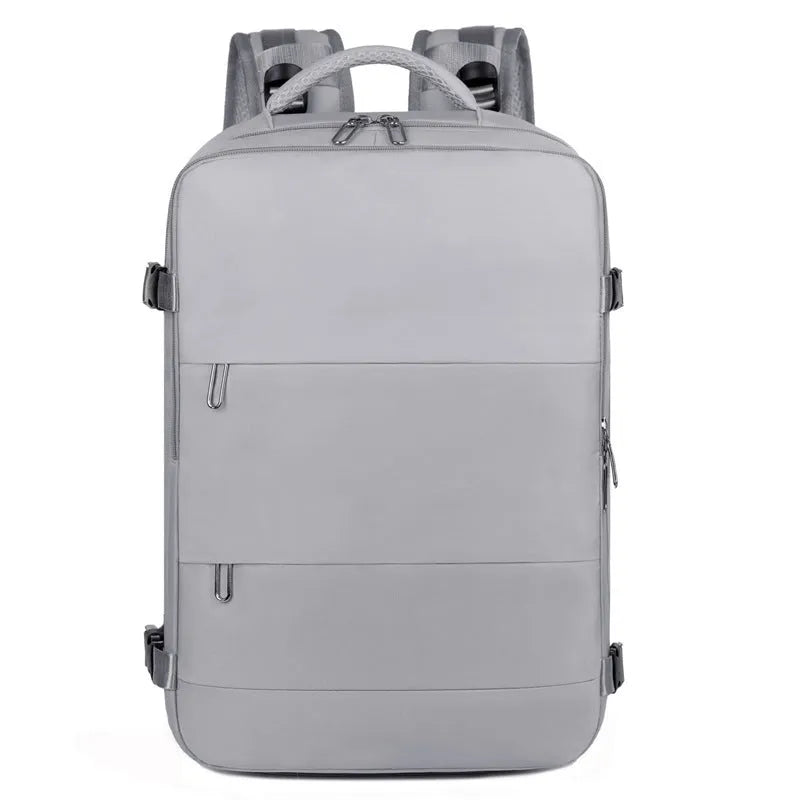 Large purple Oxford cloth travel backpack with multiple compartments and an air pillow belt.
