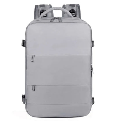 Large purple Oxford cloth travel backpack with multiple compartments and an air pillow belt.