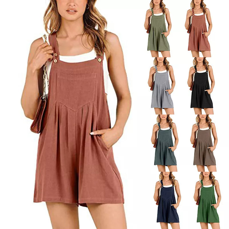 Women's short overalls in cotton linen with adjustable straps, available in multiple colors