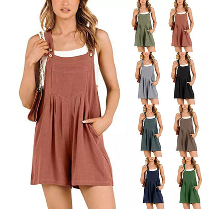 Women's short overalls in cotton linen with adjustable straps, available in multiple colors