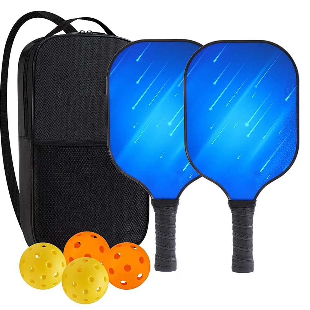Peak Racket fibreglass squash set showing two rackets and four balls for complete playing equipment