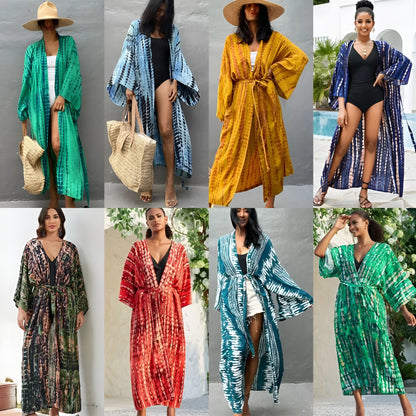 Printed cotton beach cover-up shirt in DN0712 series colours showing loose fit and 135cm length for sun protection