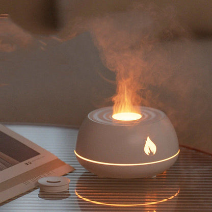 Aromatherapy diffuser with realistic flame-like lighting, color-changing mood lights, and essential oil diffusion capabilities