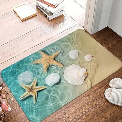 Household fashion flannel floor mat in sfq-beach starfish print, square shape, modern simplicity style, 60x90cm size