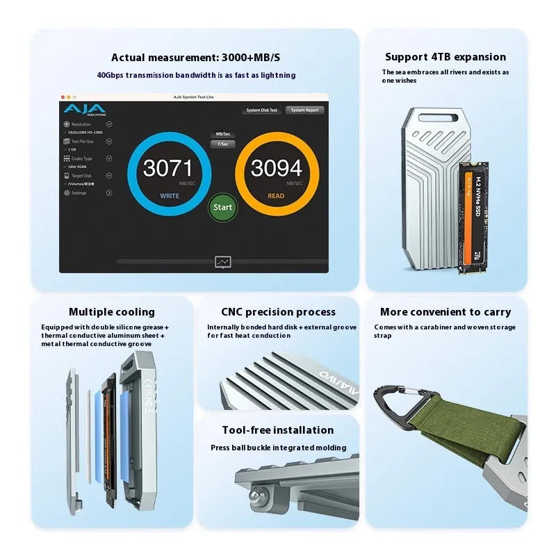 Silver aluminium Thunderbolt 4 external SSD enclosure for M.2 NVMe drives on a desk