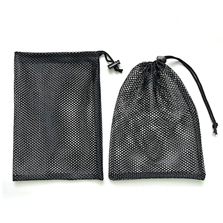 Black drawstring mesh bag for children's water balloons in three sizes with bottomless side design