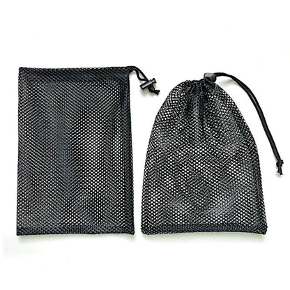 Black drawstring mesh bag for children's water balloons in three sizes with bottomless side design