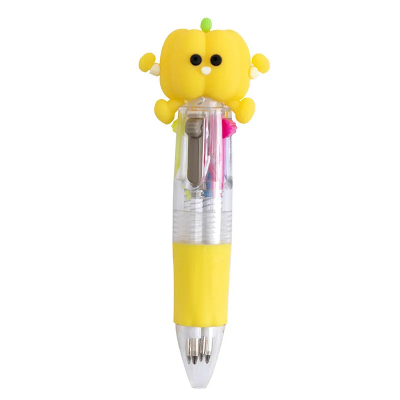 Cartoon-themed four-colour press ballpoint pen with 0.7mm tip showing random design selection