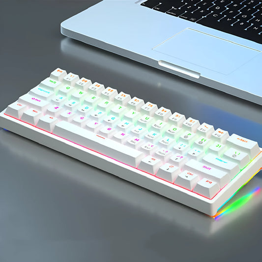 Small white 61-key mechanical keyboard with hot-swappable sockets and a black USB cable.