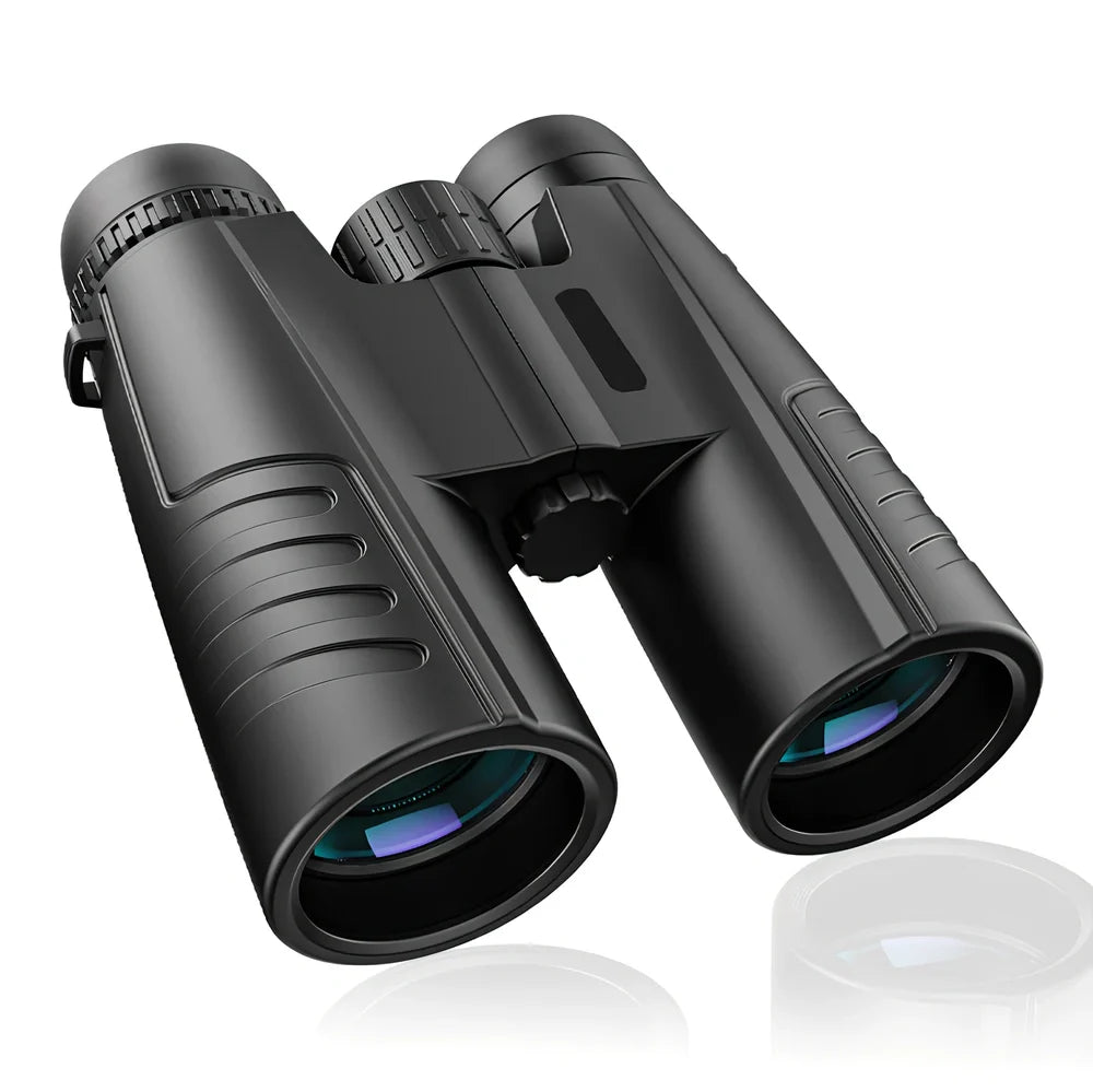 Black roof prism binoculars with 12x42 specifications showing eyepieces and objective lenses