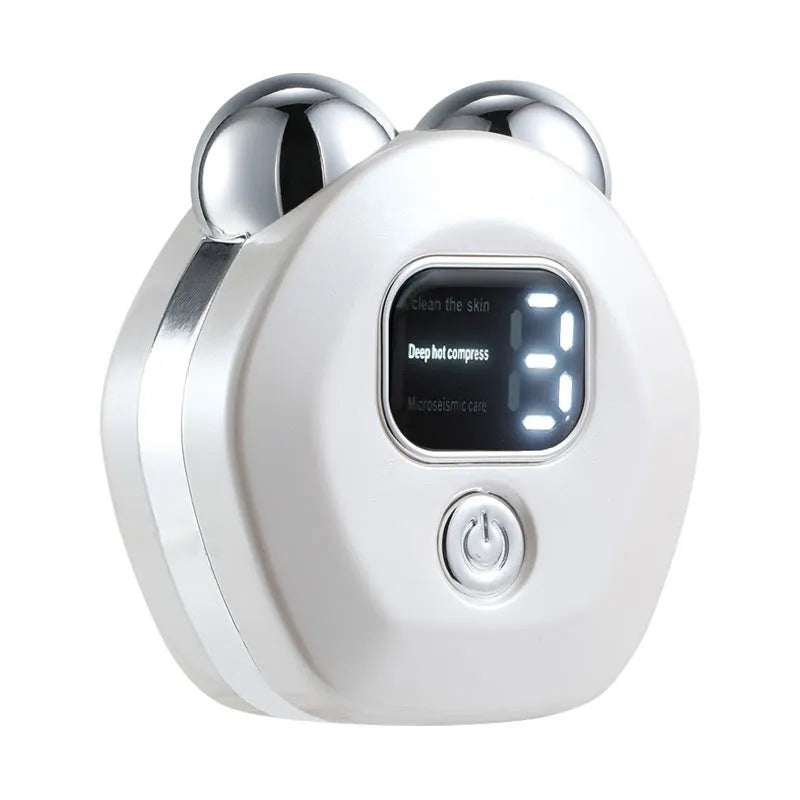 White portable micro current massage instrument with double-roller design and hot compress function for skin rejuvenation