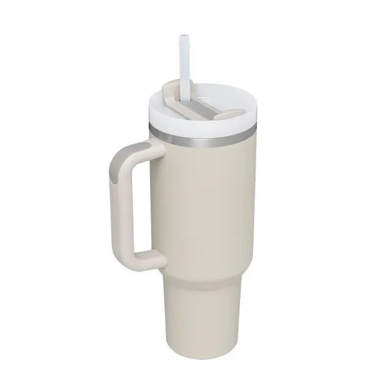 40 oz stainless steel insulated tumbler with handle and straw in tapered mug design