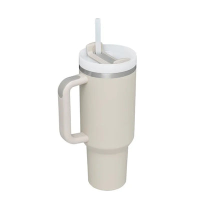 40 oz stainless steel insulated tumbler with handle and straw in tapered mug design