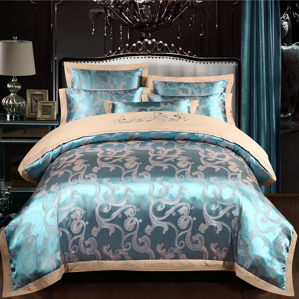 Jacquard woven cotton quilt cover with embroidery detailing in European style, showing textured patterns and colour options