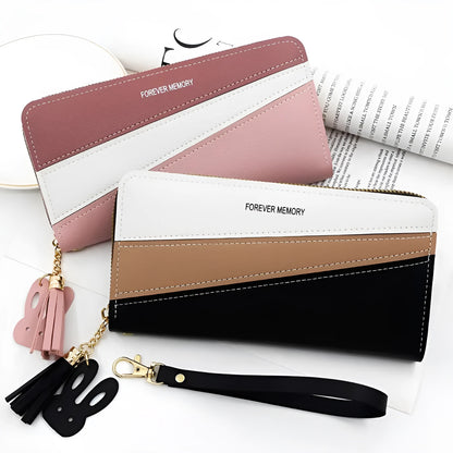 Square vertical PU leather coin purse card holder with contrast colour trim, medium length, in pink, red, blue or black.
