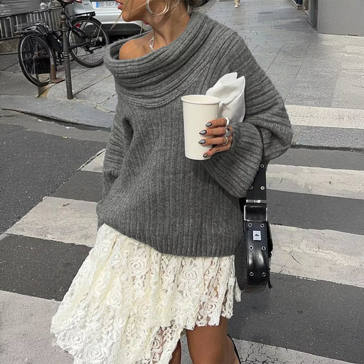 Loose pullover trumpet sleeve sweater with one-shoulder design in various colors