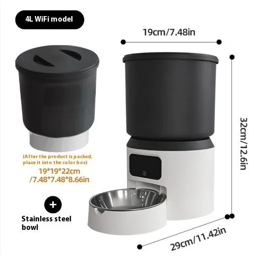 4-litre smart pet feeder with remote control and optional camera on a table