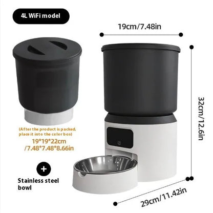 4-litre smart pet feeder with remote control and optional camera on a table