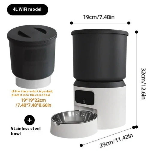 4-litre smart pet feeder with transparent food container and stainless steel bowl on wooden floor
