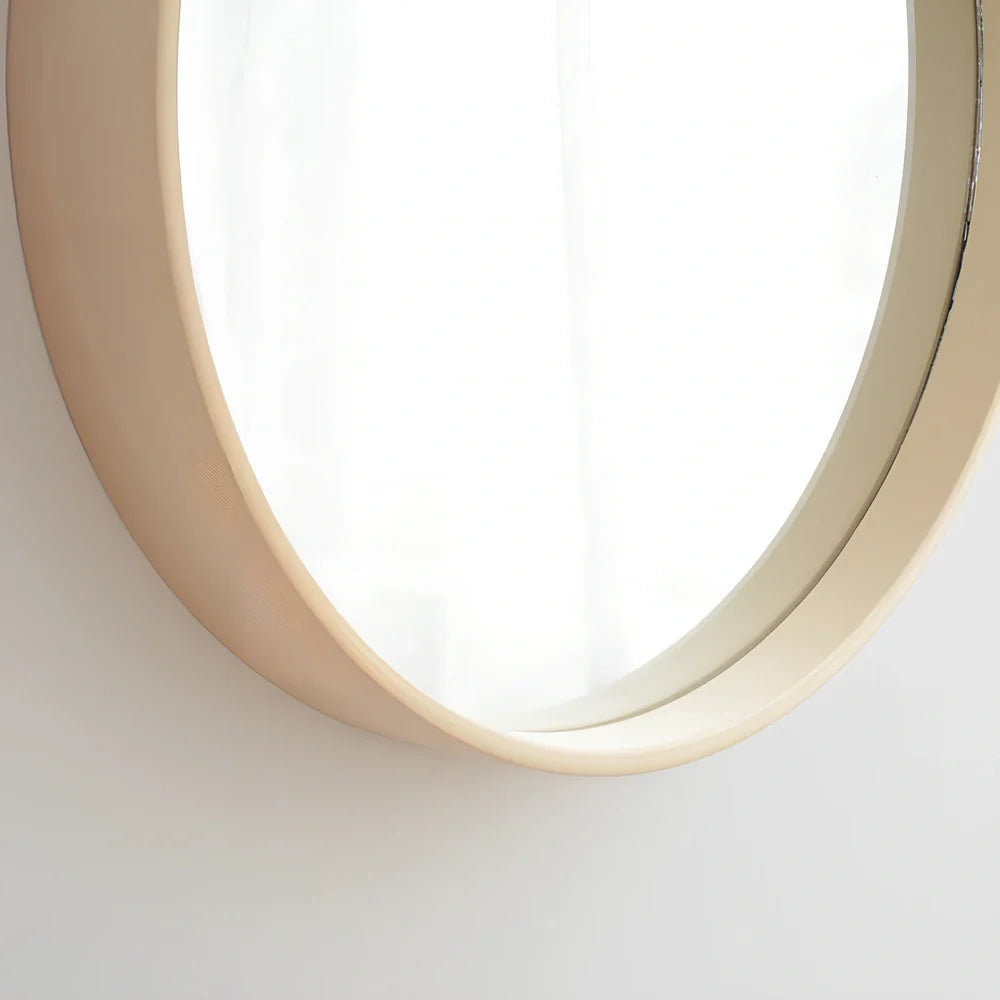 Solid wood circular bathroom mirror with float silver glass in natural wood colour frame