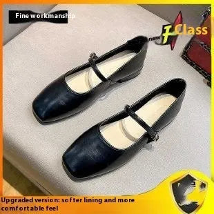 Women's brown sheepskin Mary Jane flat shoes with a round toe and strap