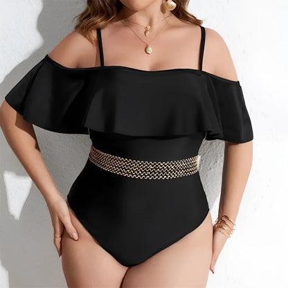 Black women's one-piece swimsuit on a mannequin, available in sizes 0XL to 4XL.