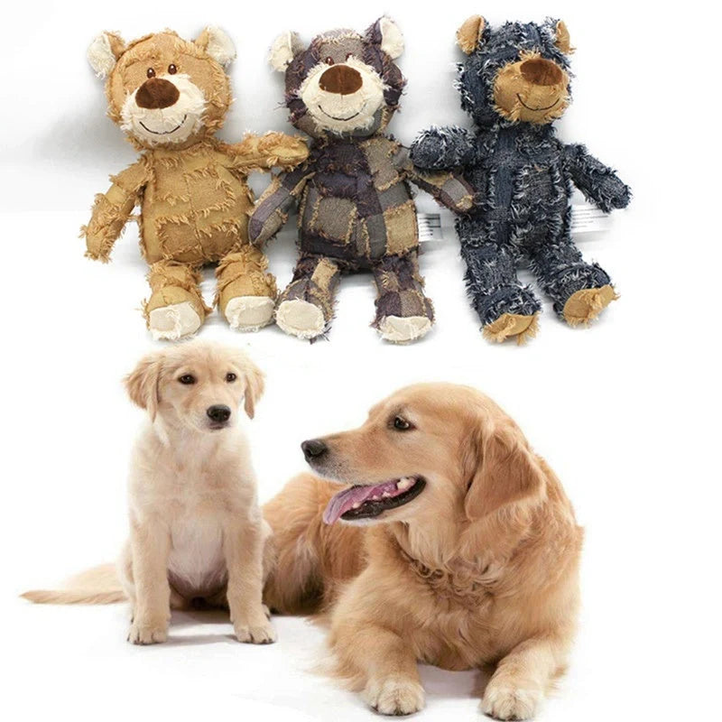Bear-shaped plush dog toy with squeaker for interactive play and dental health